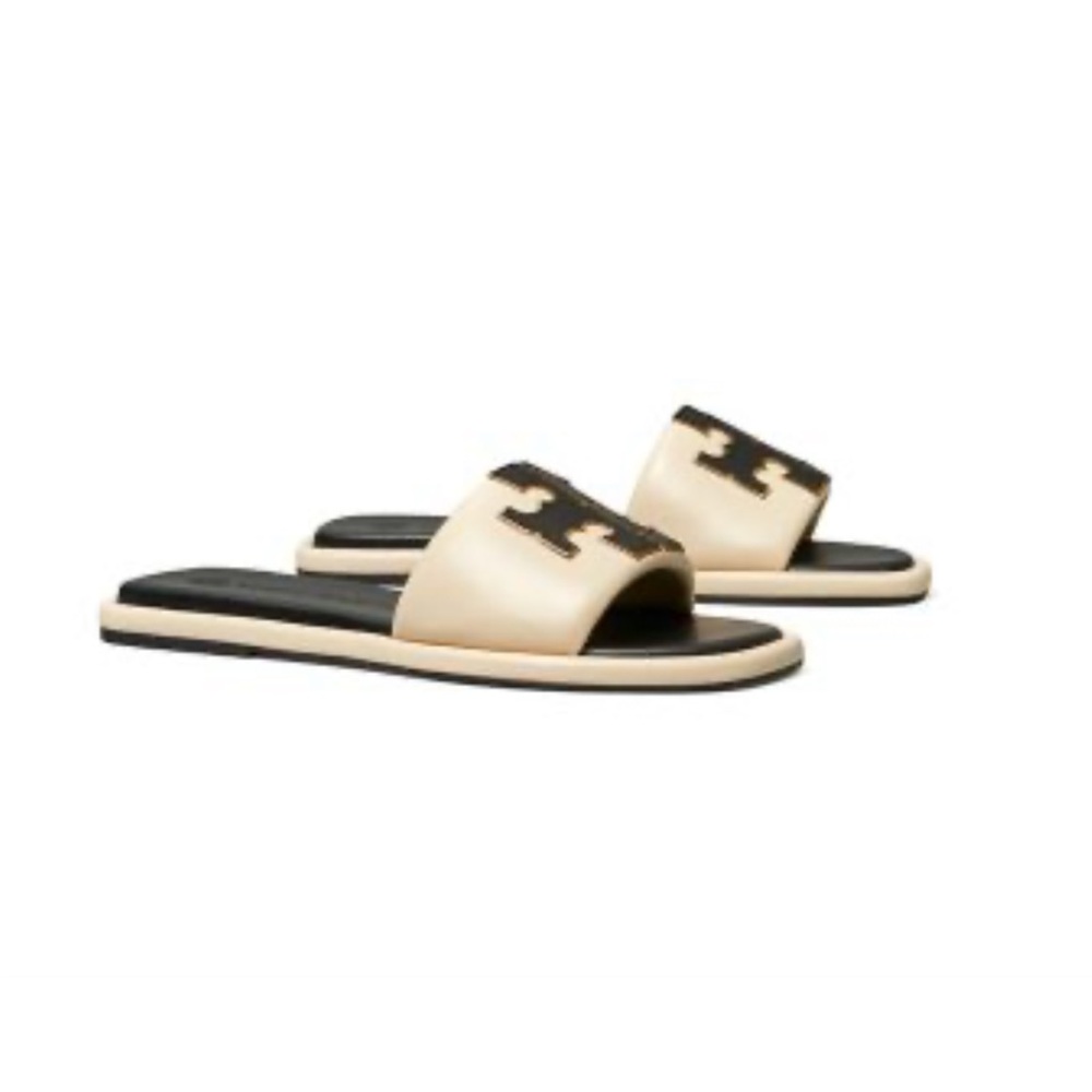 New Tory Burch Double T Cream Sport Slide Sandals with Black Logo
